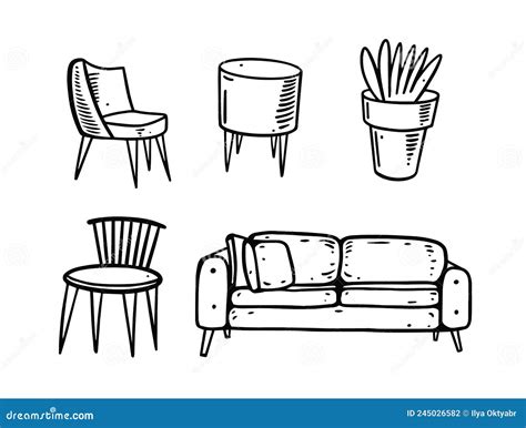 Hand Drawn Doodle Furniture Set Black Color Outline Vector