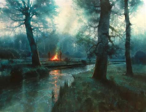 A Painting Of Two People Standing By A Campfire In The Middle Of A Forest