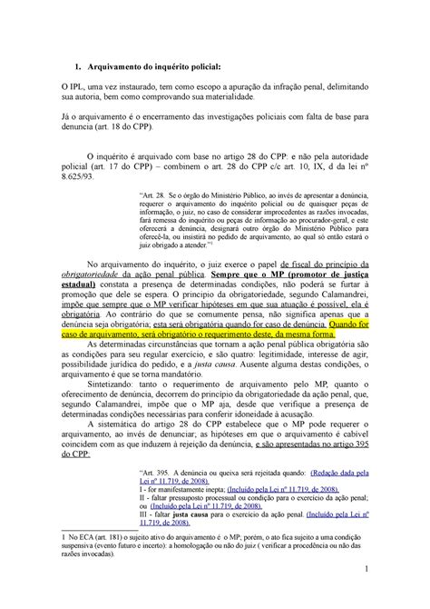 Processo Penal I Resumo Arquivamento Do Inquérito Policial 1