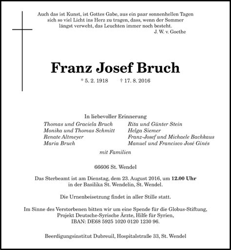 Traueranzeigen Von Franz Josef Bruch Saarbruecker Zeitung Trauer De