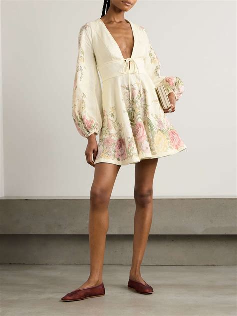 ZIMMERMANN Waverly Plunge Tie Detailed Floral Print Linen Mini Dress