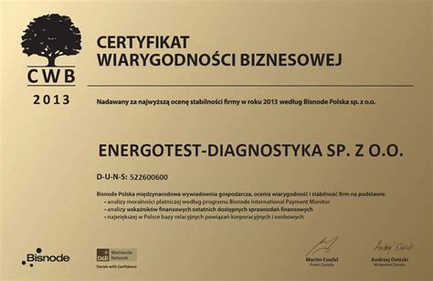 Certyfikat Wiarygodno Ci Biznesowej Energotest Diagnostyka Sp Z