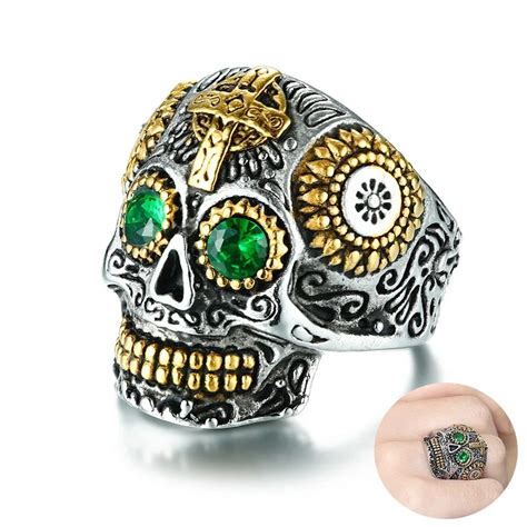 Bagues T Te De Mort En Sucre Mexicain Pour Hommes Punk Vert Strass