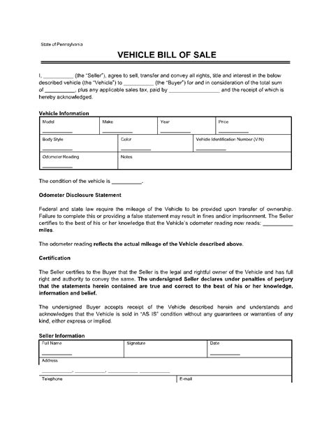 Pennsylvania Vehicle Bill Of Sale Forms Free Printable