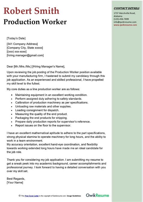 Production Worker Cover Letter Examples Qwikresume