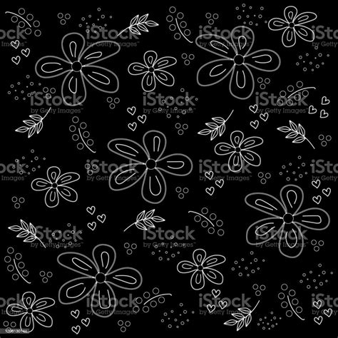 Seamless Floral Pattern With Decorative Elements White Outline On Black