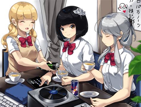 Safebooru 3girls Bangs Black Hair Blonde Hair Blunt Bangs Bob Cut Bow Bowtie Closed Eyes Cup