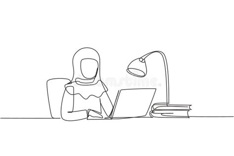 Single Continuous Line Drawing Arabian Girl Studying With Laptop And