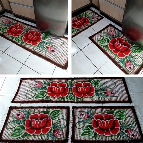 Jogo de Tapete Cozinha Pintado a mão 3 Pçs Flores Vermelha no Elo7