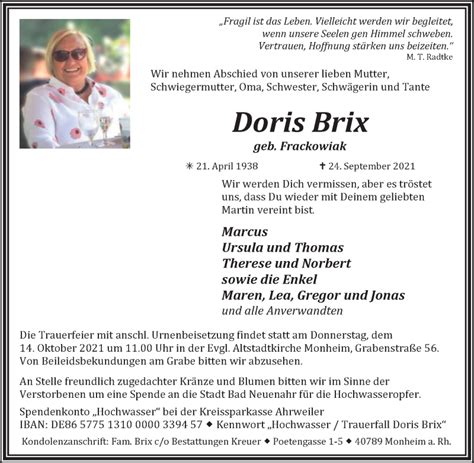 Traueranzeigen Von Doris Brix Trauer In NRW De