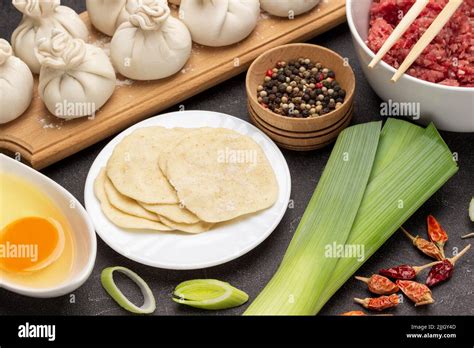 ingredients  making dumplings meat filling spices leek  dough