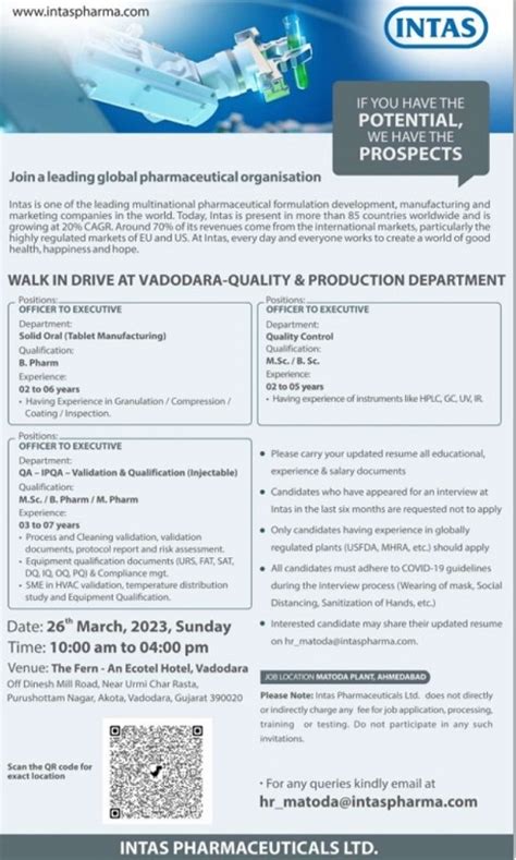 Intas Pharmaceuticals Walk In Drive For QA QC Production On 26th