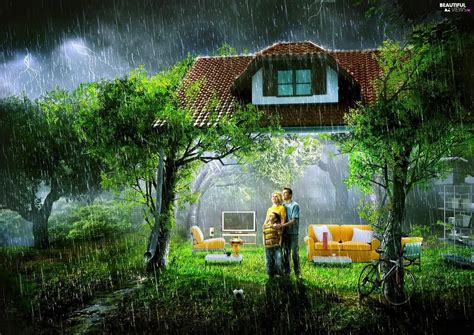 Family, house, Rain - Beautiful views wallpapers: 1920x1357