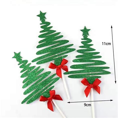 Merry Christmas Green Glitter Tree Paper Card Cake Topper Props Dessert