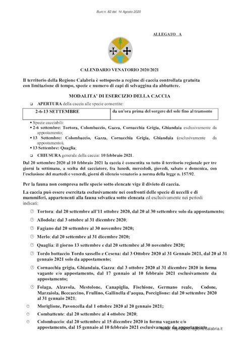 PDF CALENDARIO VENATORIO 2020 2021 Regione Calabria ALLEGATO A