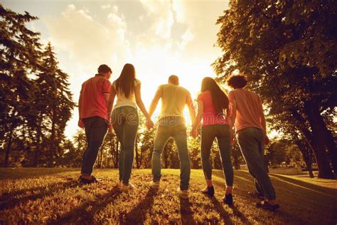 A Group of Happy People at Sunset on the Nature. Stock Photo - Image of ...