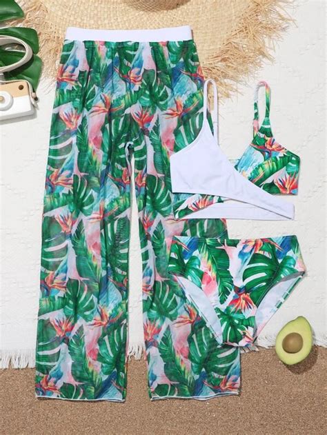 Girls Random Tropical Print Criss Cross Bikini Swimsuit With Beach