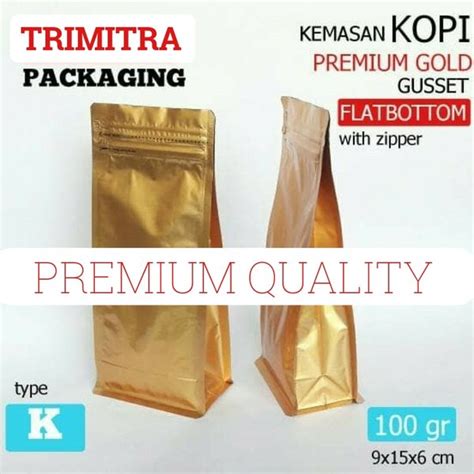 Jual GUSSET FLAT BOTTOM 250G PLASTIK KLIP KEMASAN KOPI FOIL GOLD ZIPPER