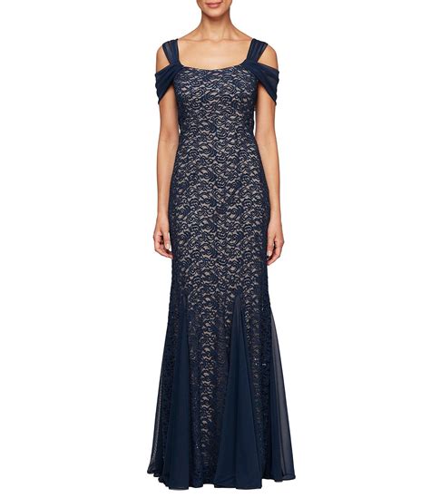 Alex Evenings Sequin Lace Cold Shoulder Godet Gown In Navy Nude Blue