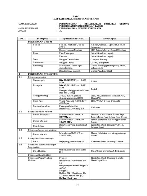 Contoh Spek Teknis Bahan Pdf