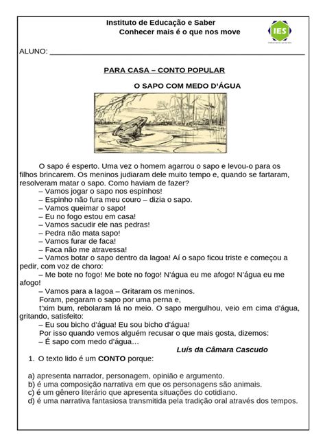 Conto Popular 6 Ano - O Sapo com Medo d'Água: Conto Popular | PDF | Contos | Narrativa