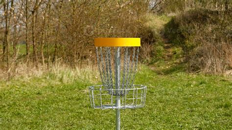 Disc Golf basket. Frisbee golf is sport and hobbie in outdoor park ...