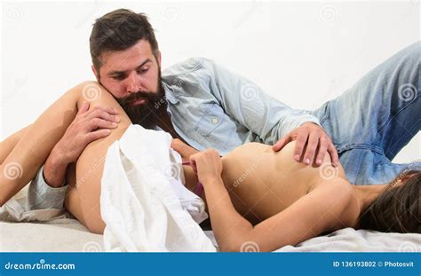 Lover And Naked Female Body Foreplay In Bed Sex And Love Concept Hot