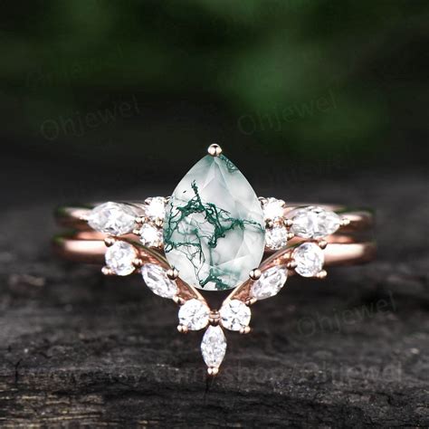 Pear Shaped Moss Agate Engagement Ring Set Vintage Moss Agate Etsy India