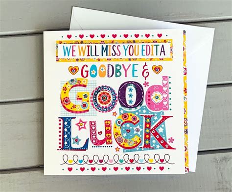 A Card With The Words Goodbye And Good Luck Written In Bright Colors On