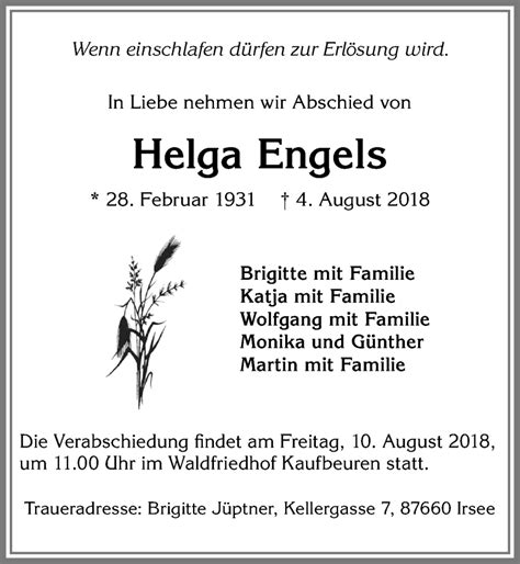 Traueranzeigen Von Helga Engels Augsburger Allgemeine Zeitung