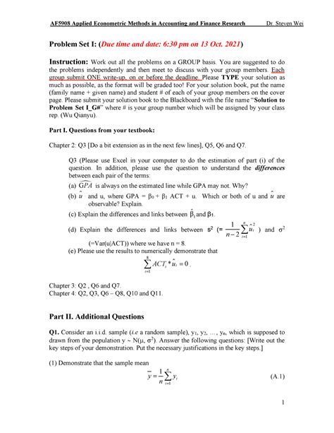 Problem Set I 2021 Of Econometrics Problem Set I Due Time And Date