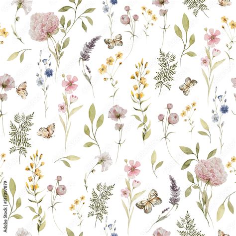 Watercolor Floral Seamless Fabric Hand Painted Greenery Wildflowers