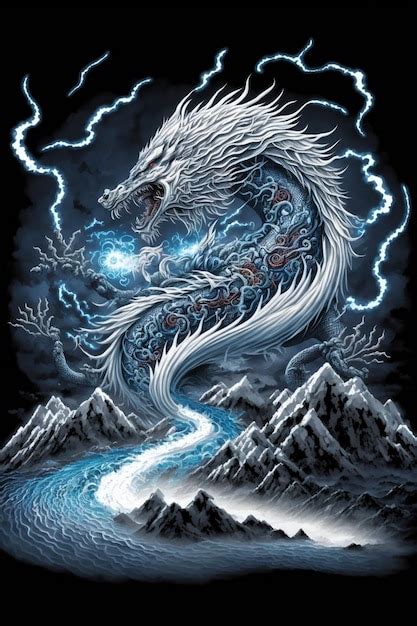 Premium Ai Image White Dragon Sitting On Top Of A Mountain Next To A