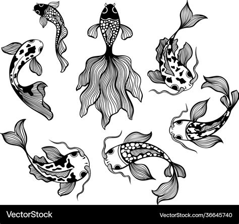 Japanese Fish Set Carp Koi Line Drawing Royalty Free Vector