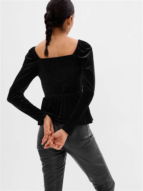 Puff Sleeve Smocked Peplum Velvet Top Gap