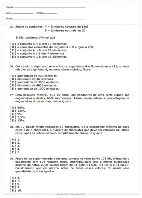 Atividades De Problemas MatemÁticos Do 6º Ano