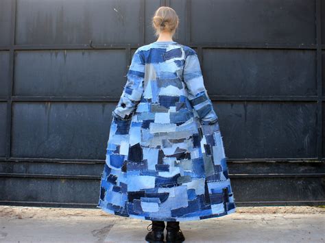 Long Patchwork Denim Coat Shades Of Blue Jeans Overcoat Maxi Light