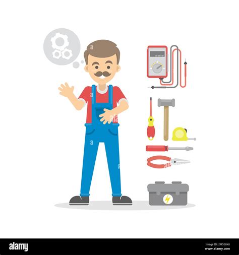 Isolated cartoon electrician on white background with tools Stock ...