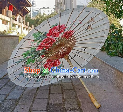 Chinese Hand Made And Painted Large Peony Painting Dance Umbrella