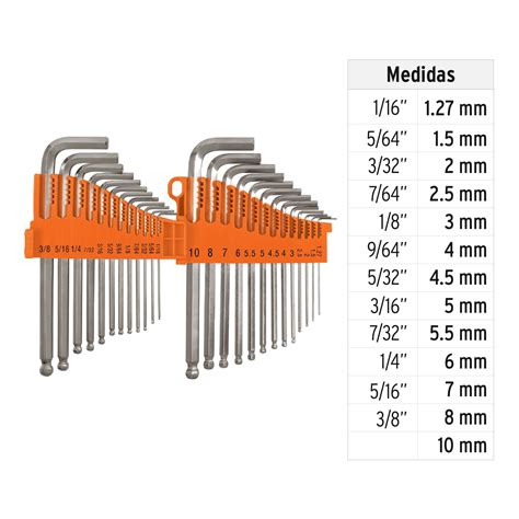 Ficha Tecnica Juego 25 Llaves Allen Largas Mixtas Punta Bola Organizador