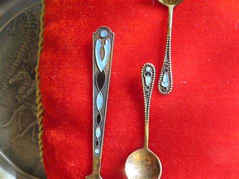 Russian 875 Silver Gold Plated Enamel Spoons And Fork Set Dining