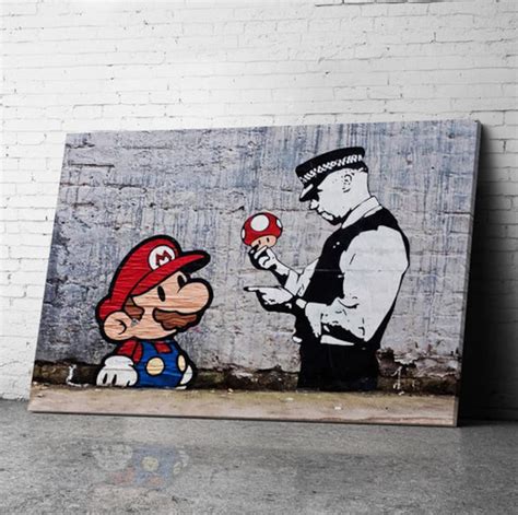 Banksy Super Mario Cop And Mushroom Graffiti Stretched Canvas Wall Art