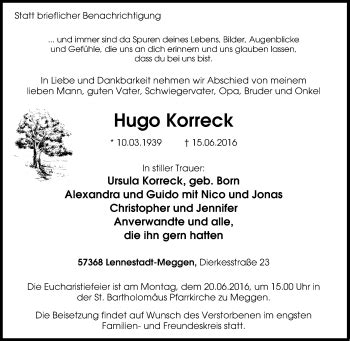 Traueranzeigen Von Hugo Korreck Trauer In NRW De