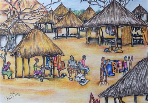 Original African Village Art Colored Pencil on Paper Unframed | Etsy