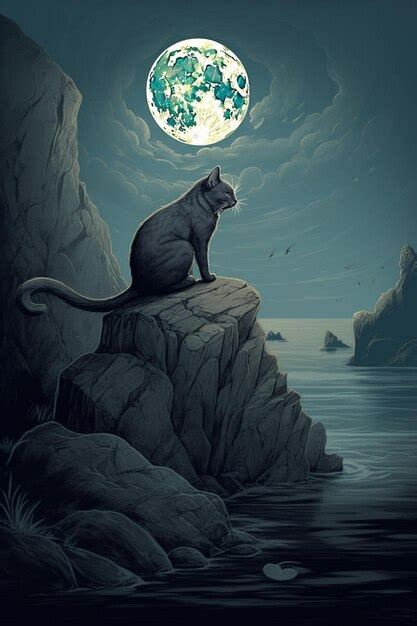 Una Pintura De Un Gato Sentado En Un Acantilado Con La Luna Al Fondo