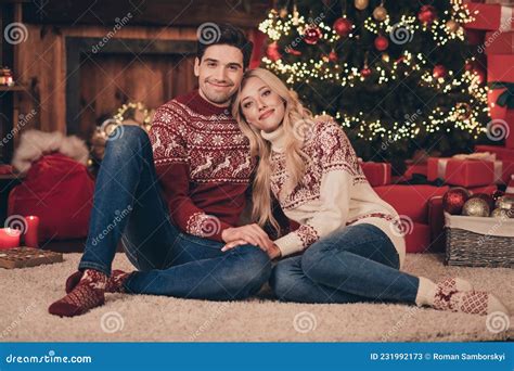 Photo Of Sweet Dreamy Young Wife Husband Wear Print Sweaters Smiling Enjoying Noel Time Hugging