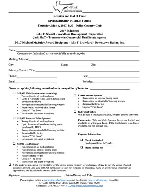 Fillable Online Reunion And Hall Of Fame SPONSORSHIP PLEDGE FORM