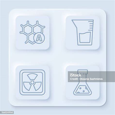 세트 라인 화학식 실험실 유리 제품 또는 비커 방사성 및 시험관 및 플라스크 화학 물질 흰색 사각형 버튼입니다 벡터 0명에 대한