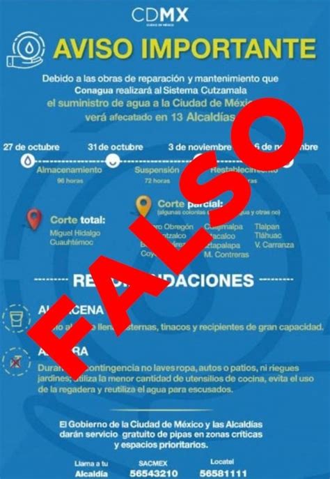 Aviso de cortes de agua en alcaldías de la CDMX es falso Sacmex