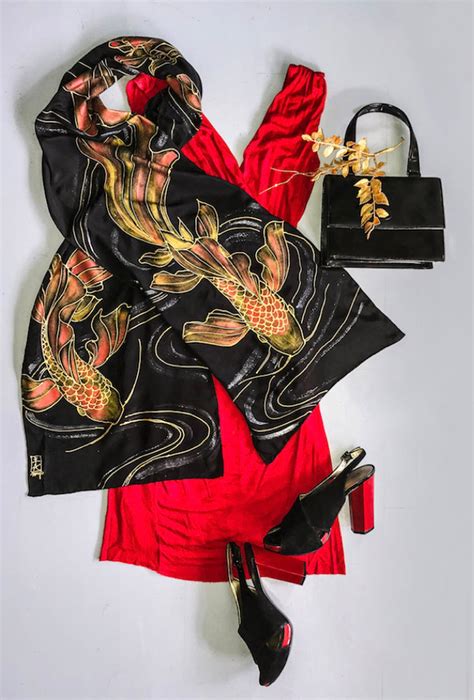 Black Silk Scarf Handpainted Japanese Gold And Red Koi Scarf Etsy